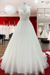 Long A-line V-neck Spaghetti Straps Ruffles Backless Wedding Dress with Lace