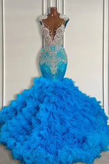 Elegant Long Mermaid Deep V-neck Ruffles Beaded Prom Dresses