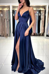 Simple Long A-line V-neck Satin Backless Formal Prom Dresses with Slit