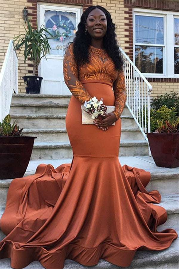 Long Satin Jewel Appliques Lace Mermaid Prom Dress with Sleeves