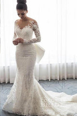 Gorgeous Long Sleeves Lace Tulle Mermaid Wedding Dress with Bowknot