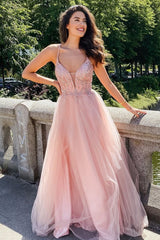 Long A-line V-neck Spaghetti Straps Beading Tulle Backless Prom Dress
