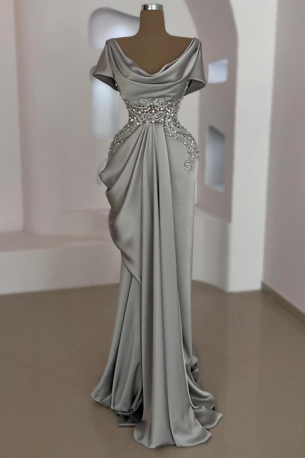Mermaid Cowl Neck Satin Long Prom Dresses with Short Sleeves
