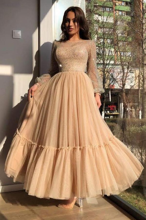A-line Bateau Long Sleeve Sequins Tulle Tea-length Prom Dresses