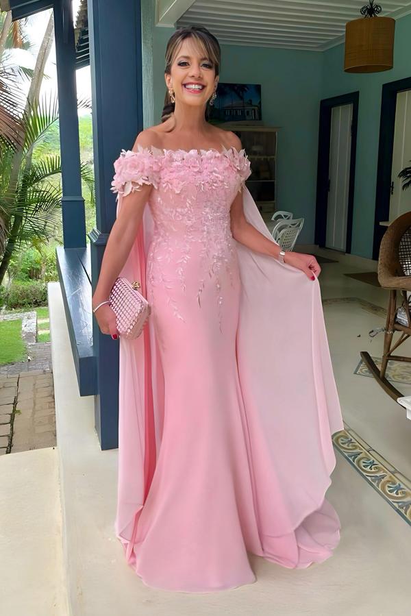 Long Mermaid Off the Shoulder Chiffon Flowers Formal Evening Dresses with Cape