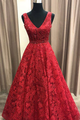 Long V-neck Lace A-line Lace Burgundy Formal Prom Dress