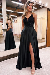 Black Long A-line V-neck Satin Lace Front Slit Prom Dress with Pockets