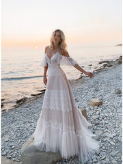 Long A-Line V Neck Lace Tulle Backless	 Wedding Dresses with Short Sleeve