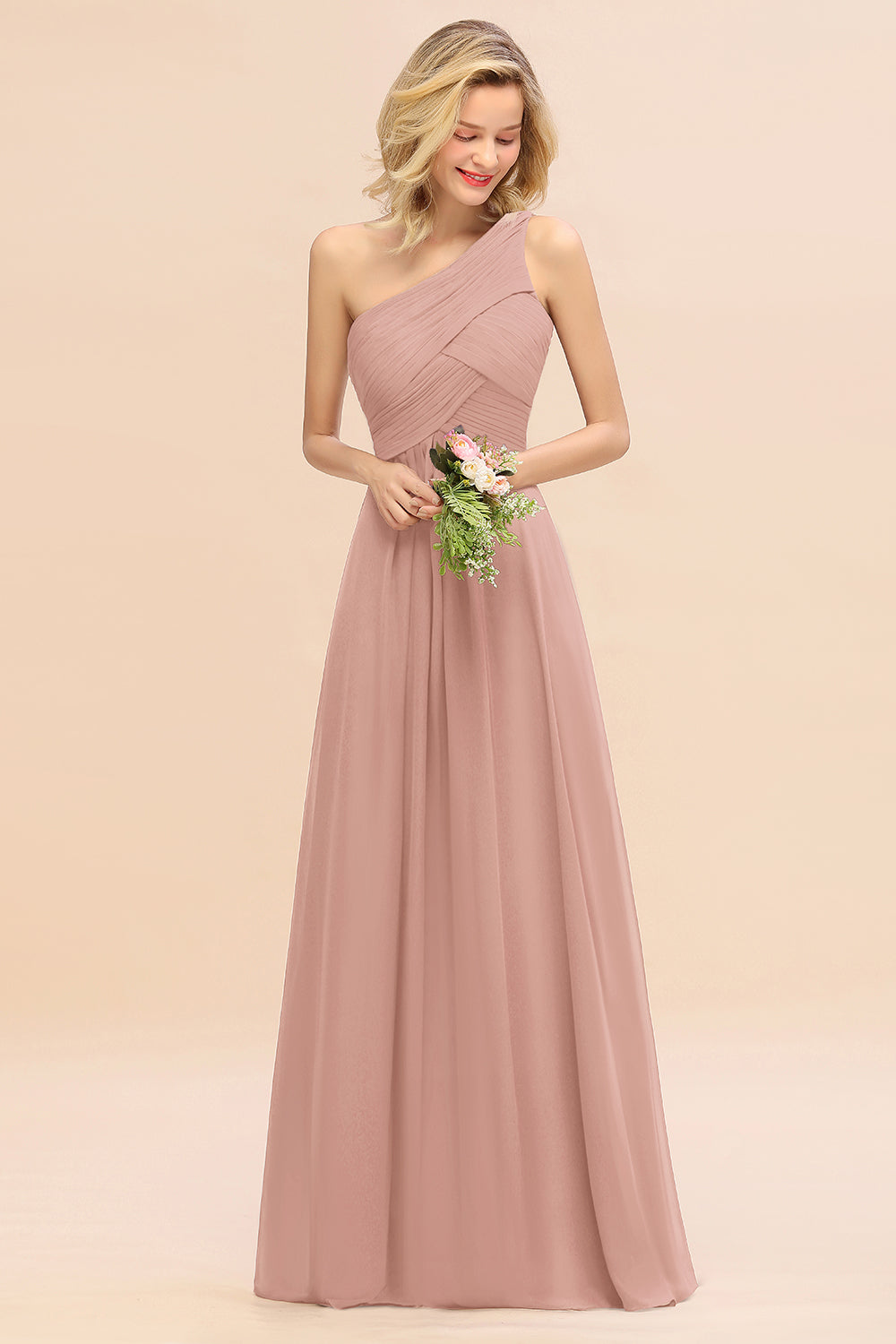 Elegant A-line Chiffon Ruffles One Shoulder Long Bridesmaid Dress
