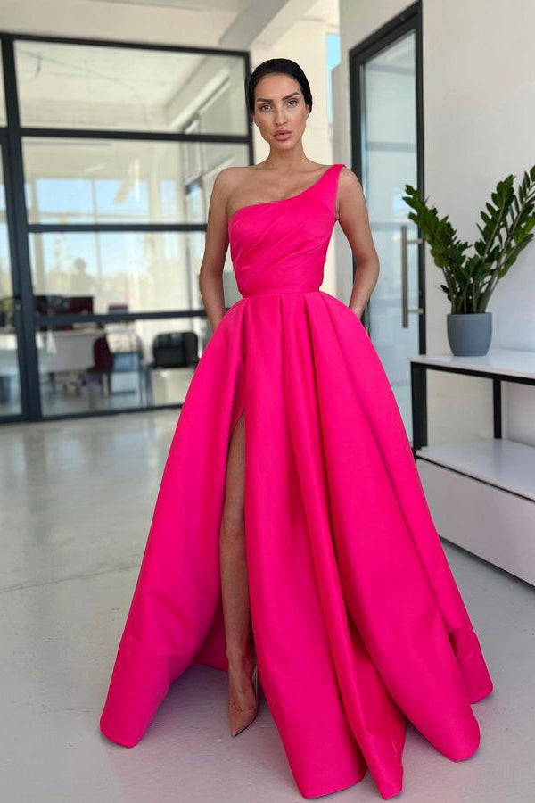 Long A-line One Shoulder Saitn Front Slit Prom Dresses with Pockets
