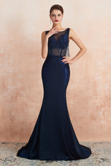 Dark Navy Long Mermaid Beaded Satin Formal Evening Dresses