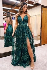 Long A-line V-neck Spaghetti Straps Sleeveless Backless Prom Dresses with Slit