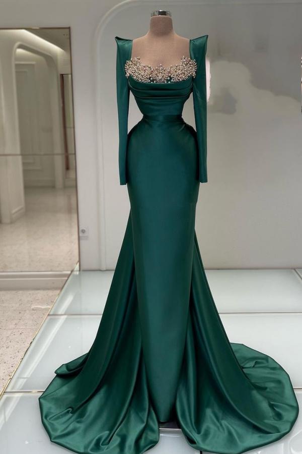 Long Mermaid Square Neck Satin Beaded Formal Prom Dresses with Sleeves