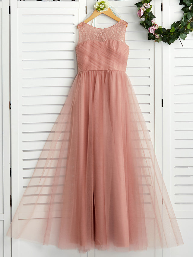 Long Crew Neck Tulle Junior Bridesmaid Dress A-line Flower Girl Dresses