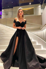 Black A-Line Off the Shoulder Satin Long Prom Dress with Slit
