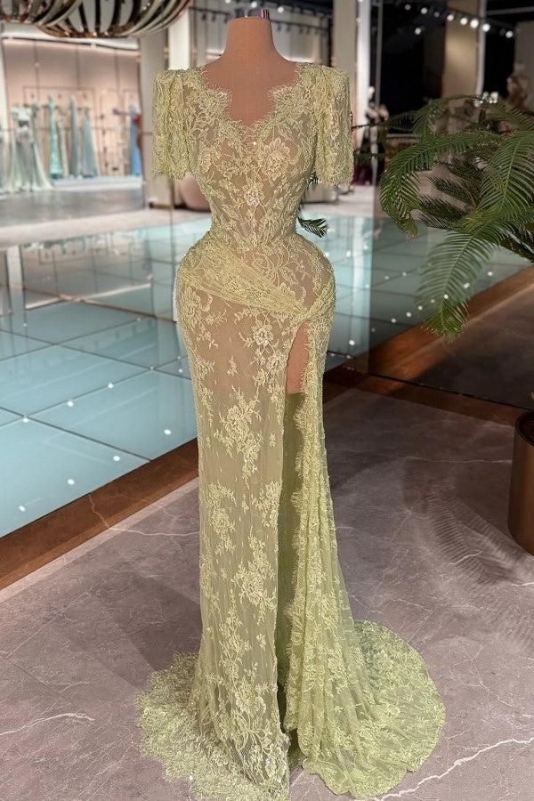 V-neck Short Sleeves Lace Mermaid Evening Dress with Split