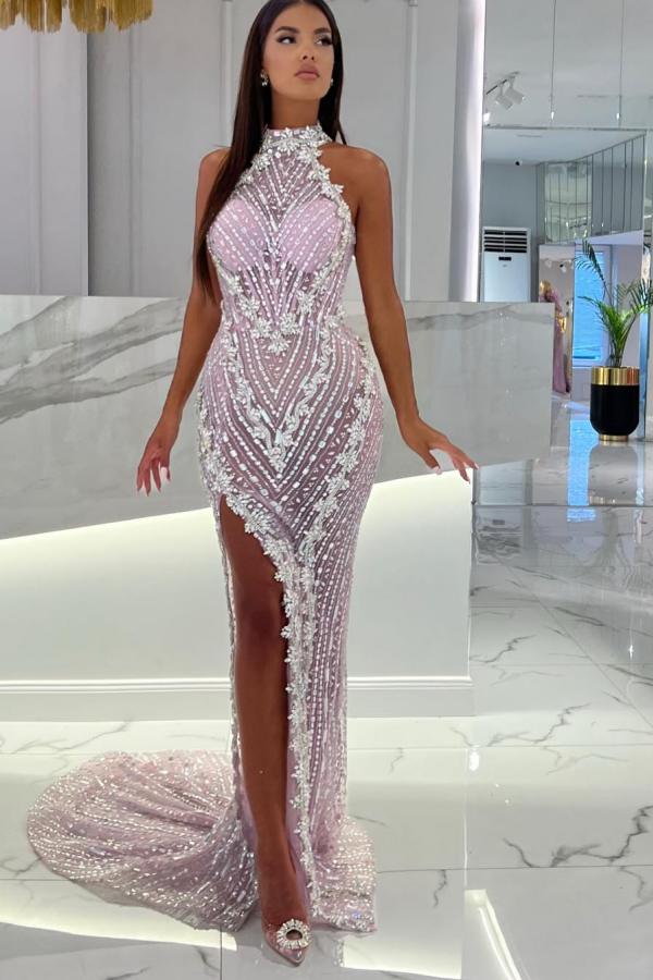 Long Mermaid High Neck Tulle Evening Prom Dresses with Slit
