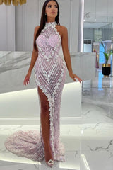 Long Mermaid High Neck Tulle Evening Prom Dresses with Slit