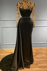 Elegant Long Mermaid High Neck Satin Formal Dress with Sleeeves