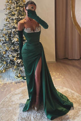 Dark Green Long Strapless Satin Front Slit Mermaid Prom Dress with Gloves