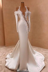 Off The Shoulder Long Sleeve Mermaid Satin Long Formal Evening Dress with Beads