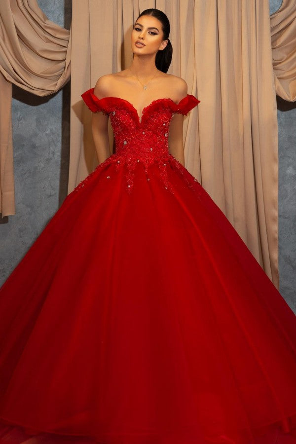 Long Ball Gown Off the Shoulder Tulle Lace Evening Formal Prom Dresses