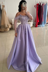 Off The Shoulder Long Sleeve A-Line Satin Prom Dress with Beads