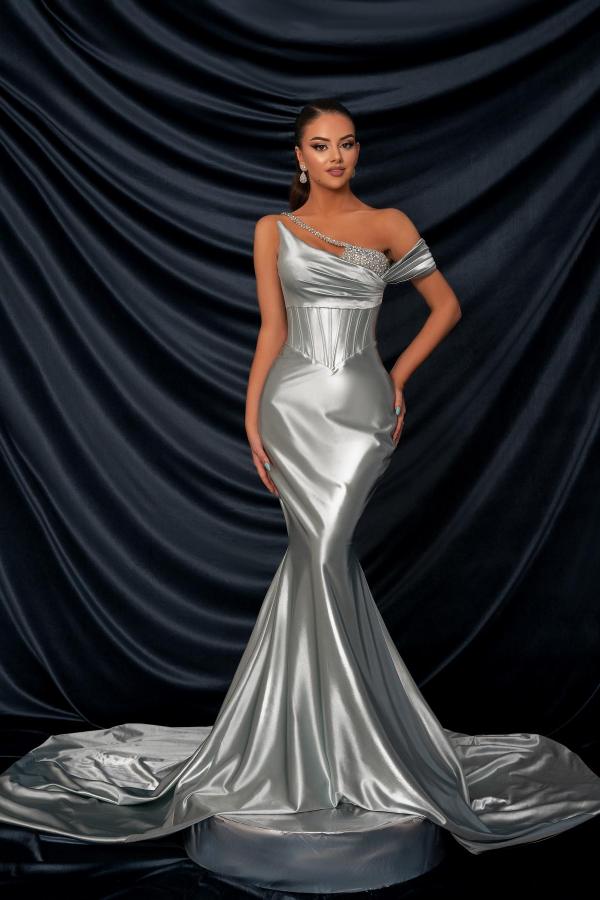 Off the Shoulder Mermaid Satin Beading Long Prom Dresses