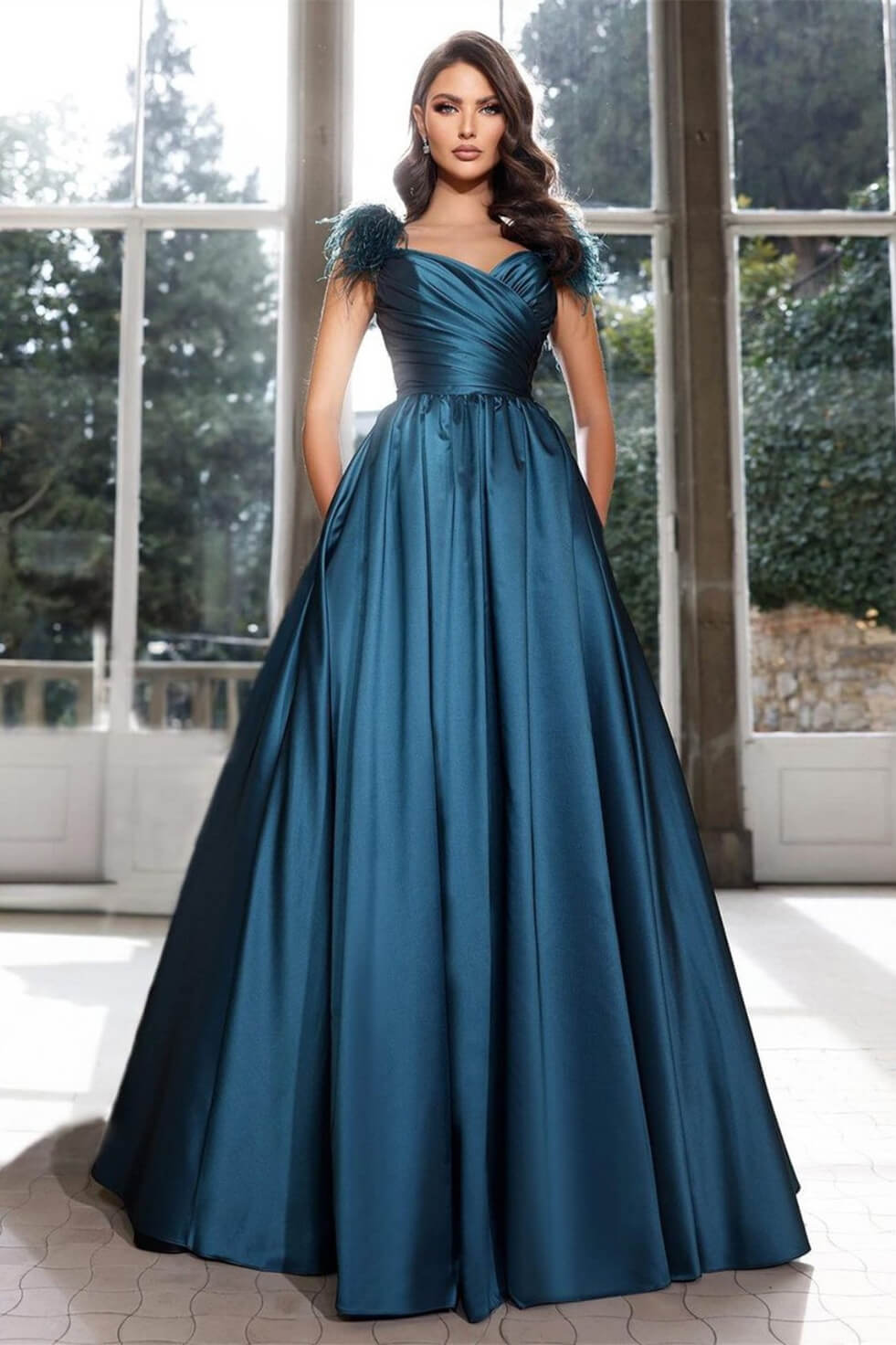 Long Off The Shoulder A-Line Satin Floor Length Prom Dress with Pockets