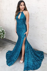 Long Halter Sequined Mermaid Backless Prom Dress with Slit