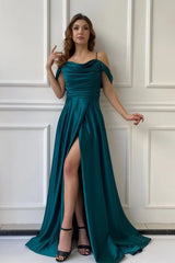 Simple Long A-line Off the Shoulder Satin Formal Prom Dresses with Slit
