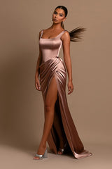 Simple Long Mermaid Satin Formal Prom Dresses with Slit