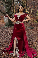 Long Mermaid Off the Shoulder Velvet Side Slit Formal Evening Dress with Detachable Train