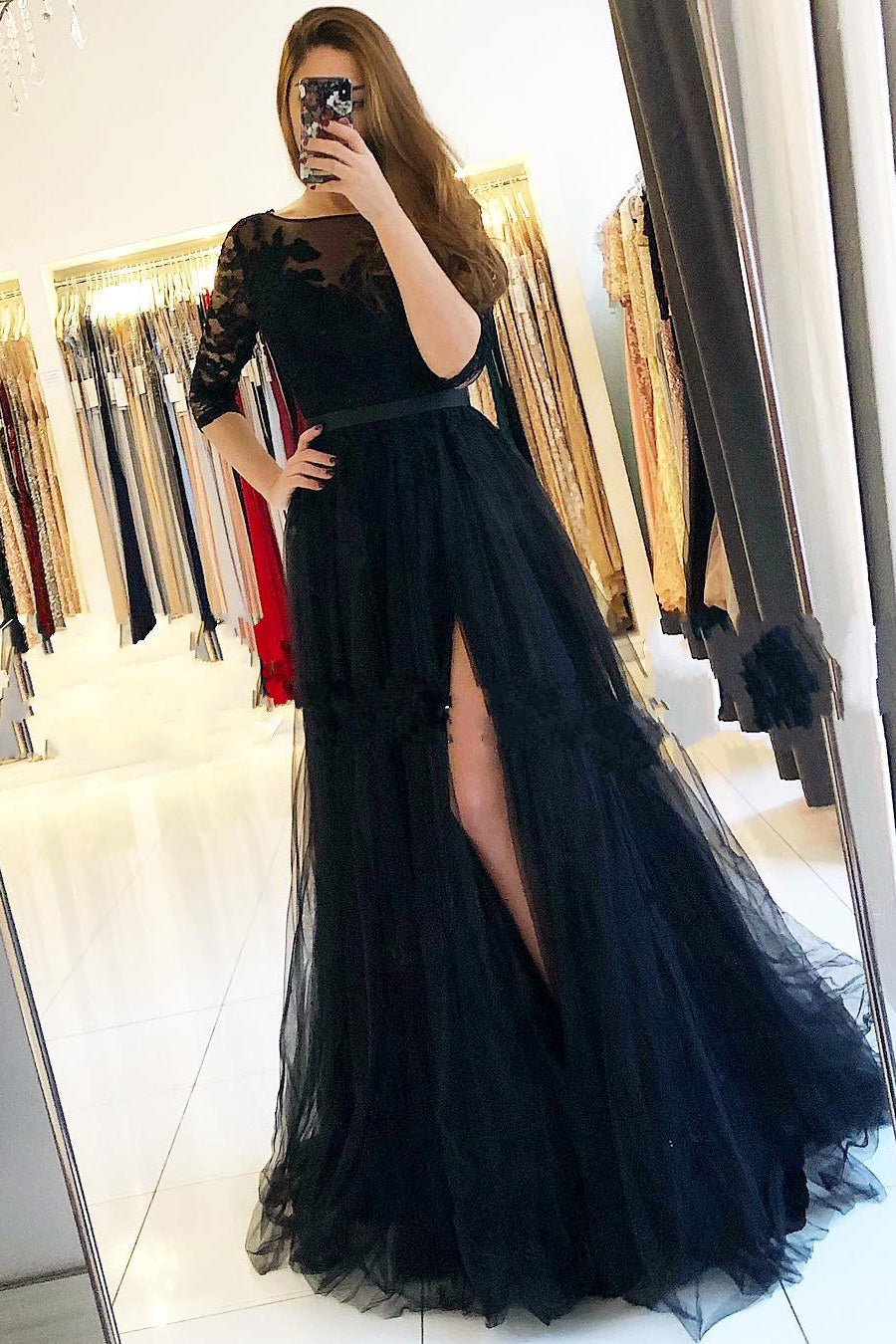 Long Sleeves Lace A-Line Ruffles Floor Length Black Prom Dress With Slit