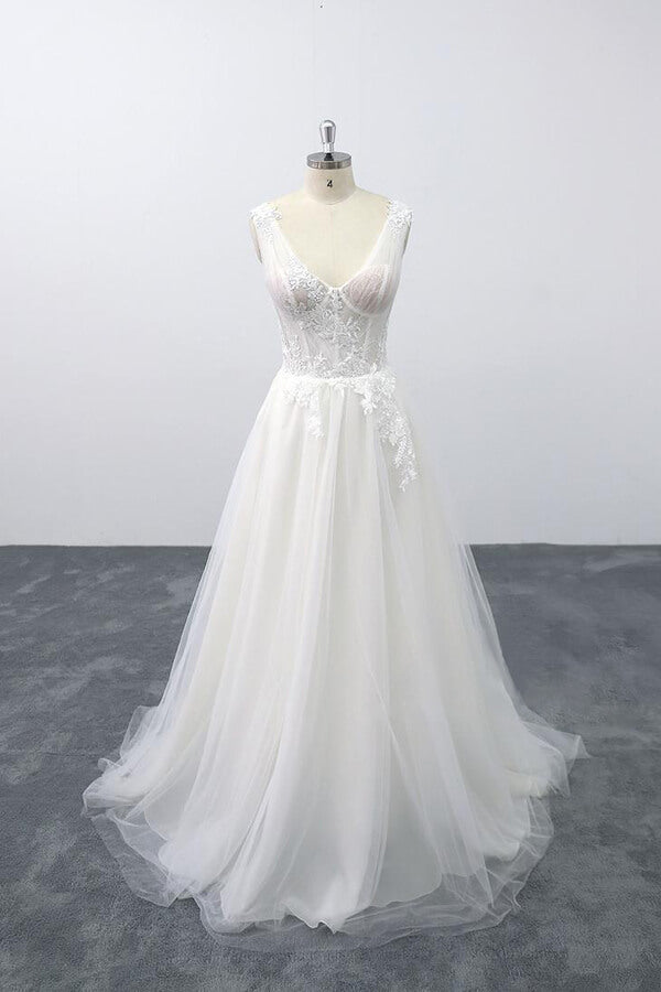 Long A-line Lace-up V-neck Appliques Tulle Wedding Dress