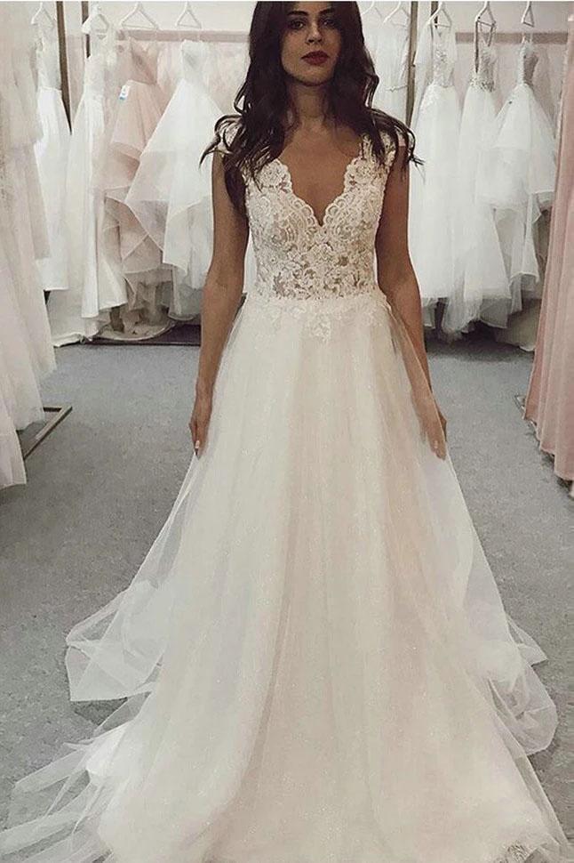 Beach Long A Line V Neck Tulle Lace Wedding Dress
