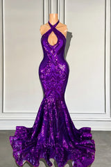 Long Halter Keyhole Mermaid Sequined Prom Dresses