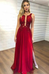 Burgundy Long Beading V-neck Sleeveless A-Line Prom Dresses with Slit
