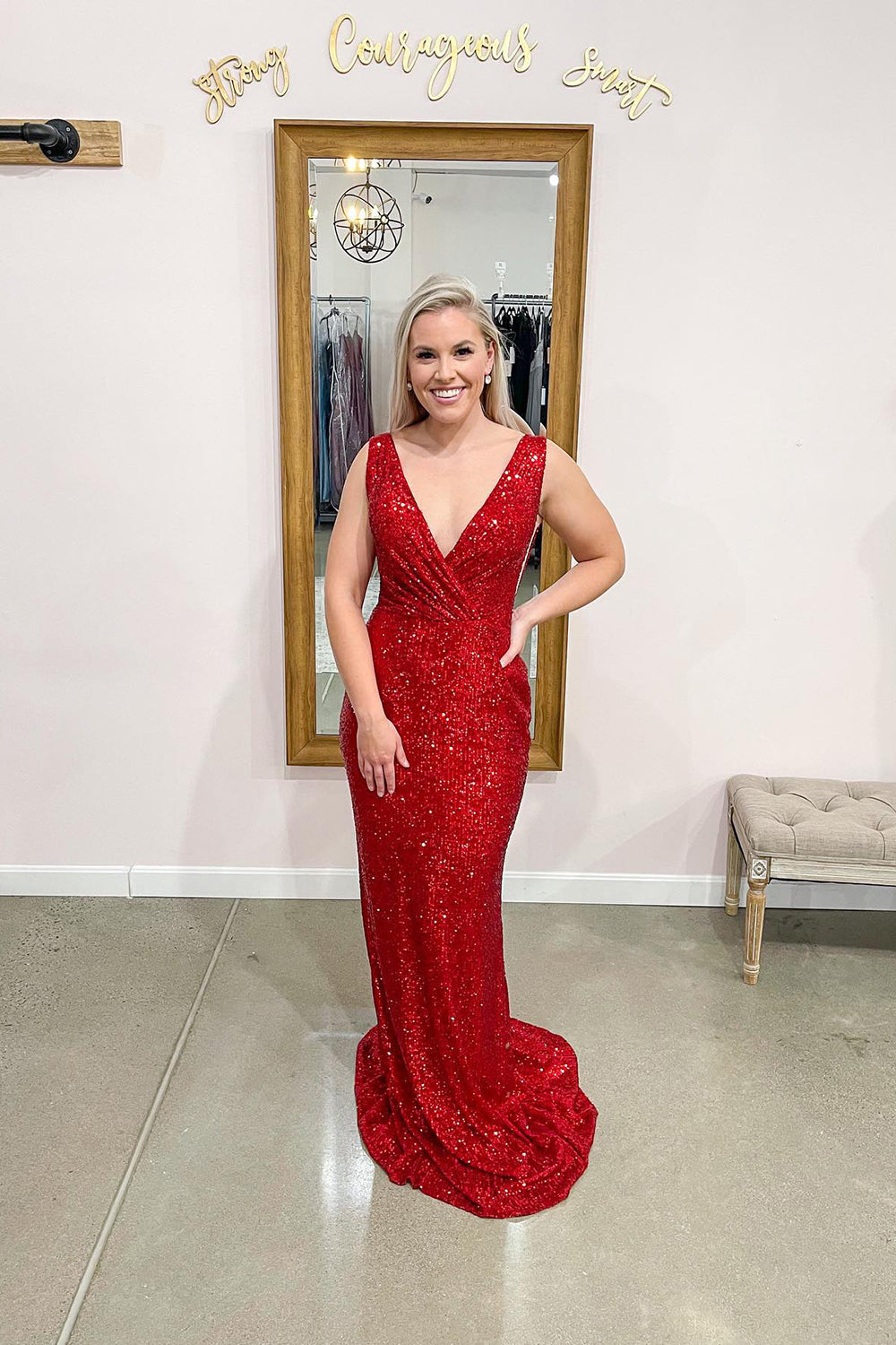 Stunning Red Sequins Long V-neck Backless Mermaid Formal Evening Dresses