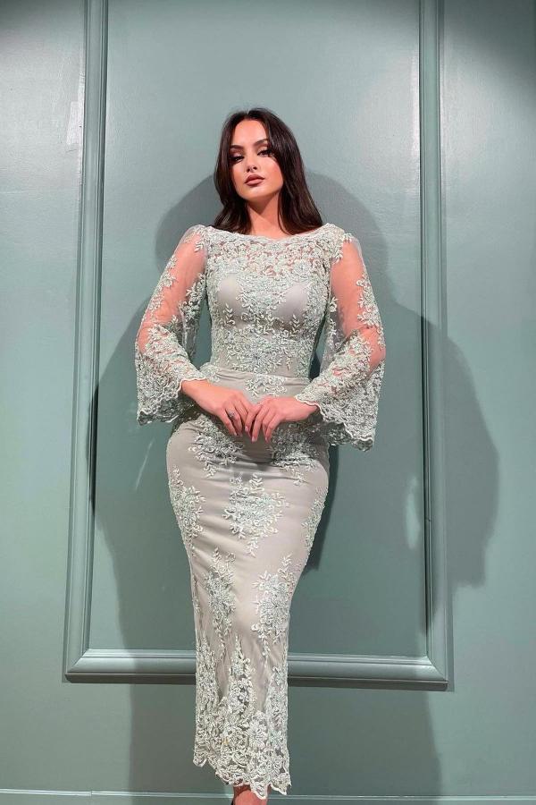 Mermaid Jewel Ankle Length Tulle Lace Formal Evening Dress with Sleeves