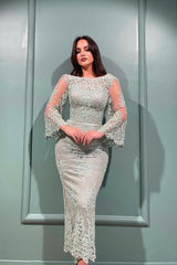 Mermaid Jewel Ankle Length Tulle Lace Formal Evening Dress with Sleeves