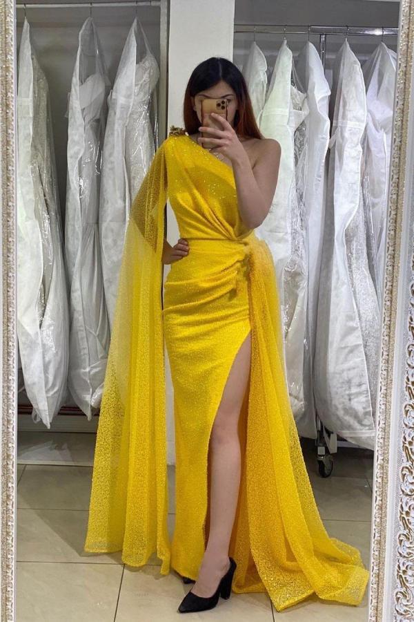 Long One Shoulder Ruffles Sequins Floor Length Mermaid Formal Dress With Slit