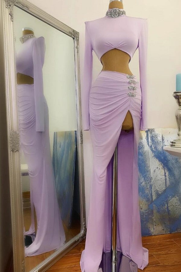 Two Piece High Neck Long Sleeve Floor Length Split Mermaid Prom Dress