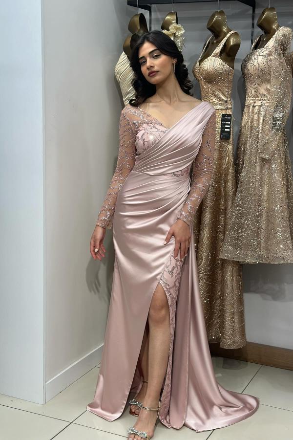 Elegant Long Sleeves V-neck Satin Lace Mermaid Evening Formal Dresses with Slit