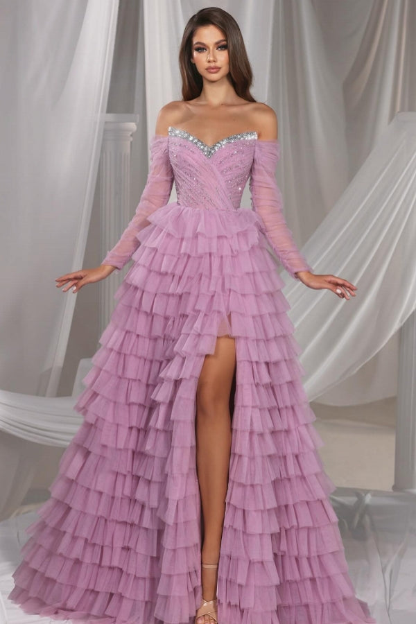 Long Sleeve A-line Floor Length Off the Shoulder Prom Dress with Slit