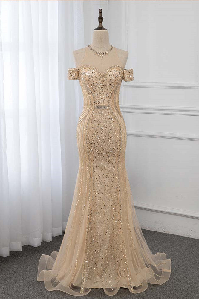 Charming Long Bateau Off the Shoulder Sequins Beading Mermaid Tulle Prom Dress