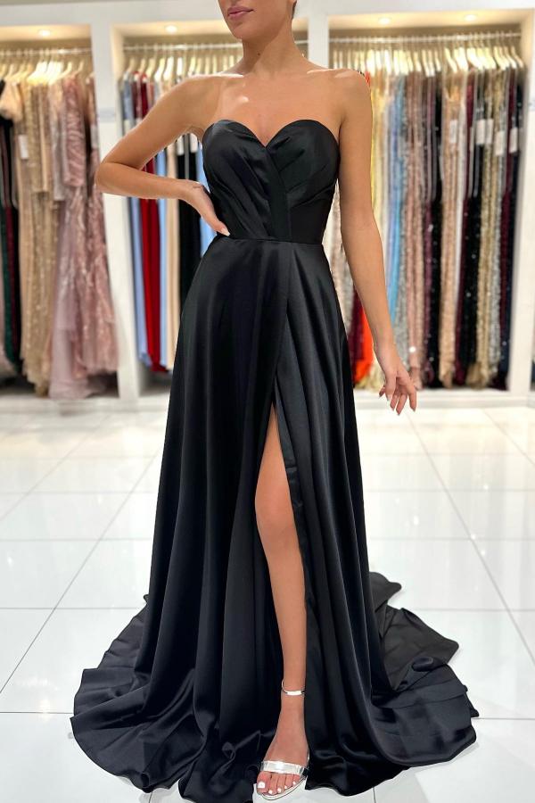 Simple Black Long A-line Sweetheart Satin Prom Dress with Slit