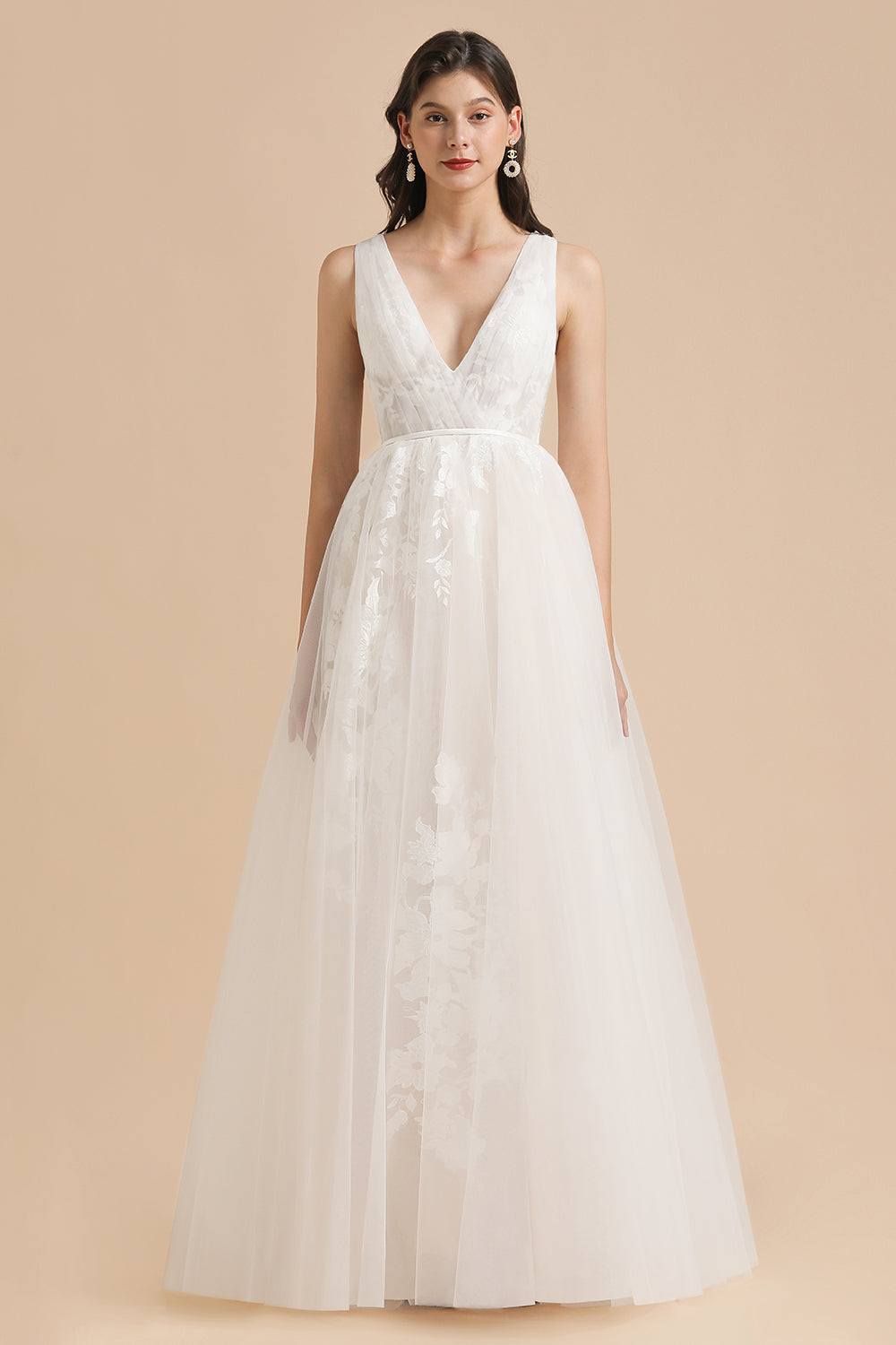 Long V-neck Lace Tulle A-line Wedding Dress