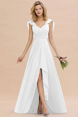 Simple High Low A-line V-Neck Ruffles Chiffon White Bridesmaid Dress