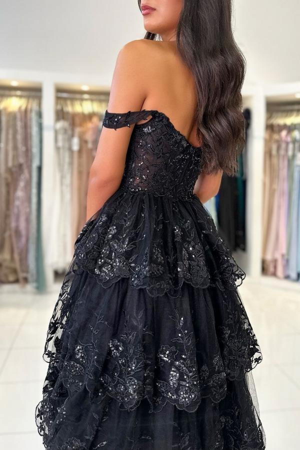 Off The Shoulder Sweetheart Lace A-Line Long Prom Dress with Slit